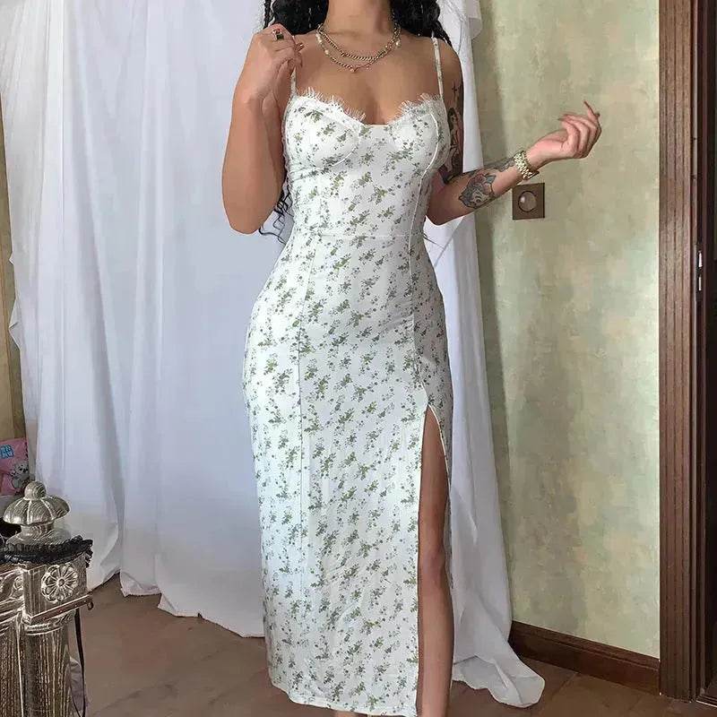 Women's Floral Spaghetti Strap Cami Dress Lace Trim Side Slit Bodycon Midi summer Dress - Velora