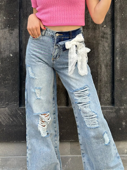 Distressed Wide Leg Jeans - Velora