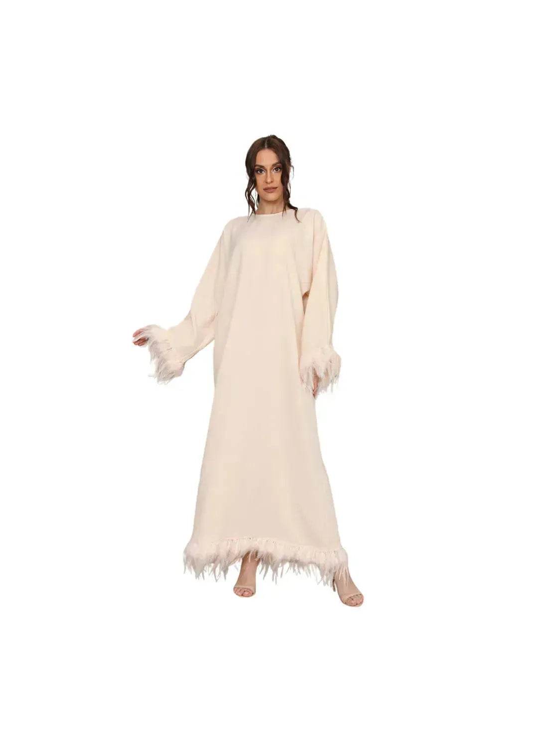 Feather Long Sleeve Middle East Arabic Elegant Round Neck Dress - Velora