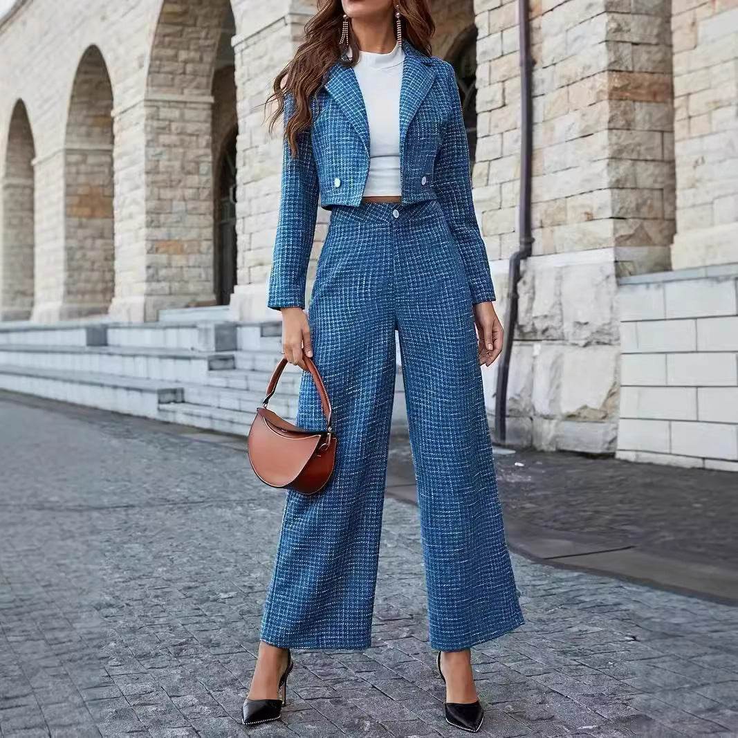 Women's Lapel Double Button Blazer And Wide Leg Pants - Velora