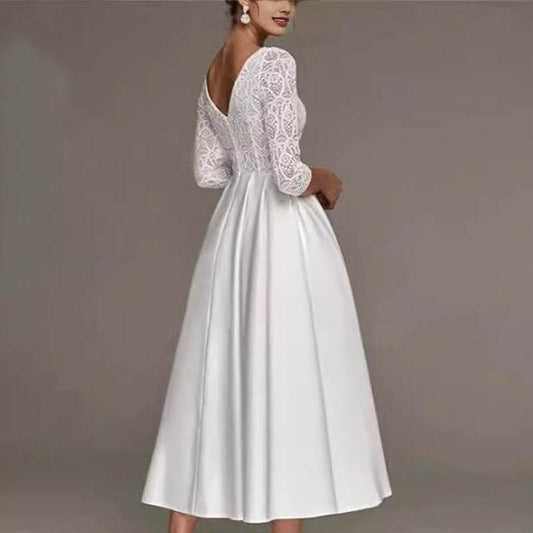 Bridal Deep V-neck Slim Lace Mid-length Long Sleeve Wedding Dress - Velora
