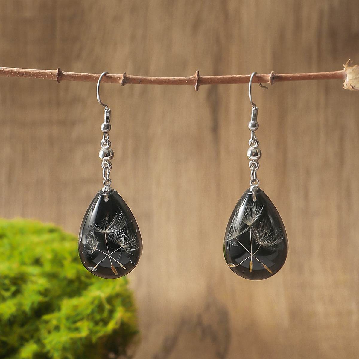 Simple Artistic Conception Epoxy Dandelion Dried Flower Pendant Earrings - Velora