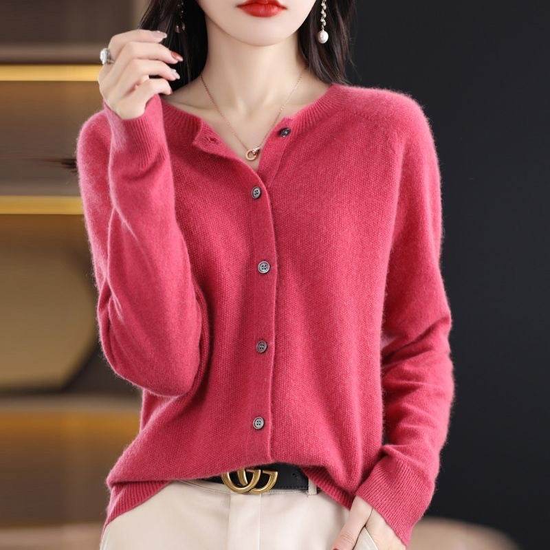 Fashion Merino Wool Cardigan Sweater Women O-Neck Long-sleeve Cashmere Knitwear Spring Autumn Female Clothing Tops - Velora