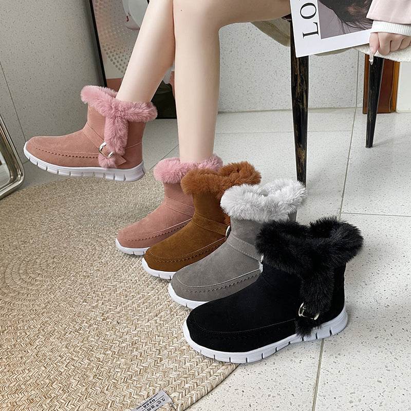 New Snow Boots Winter Warm Thickened Solid Color Plush Ankle Boots With Buckle Design Plus Velvet Flat Shoes For Women - Velora