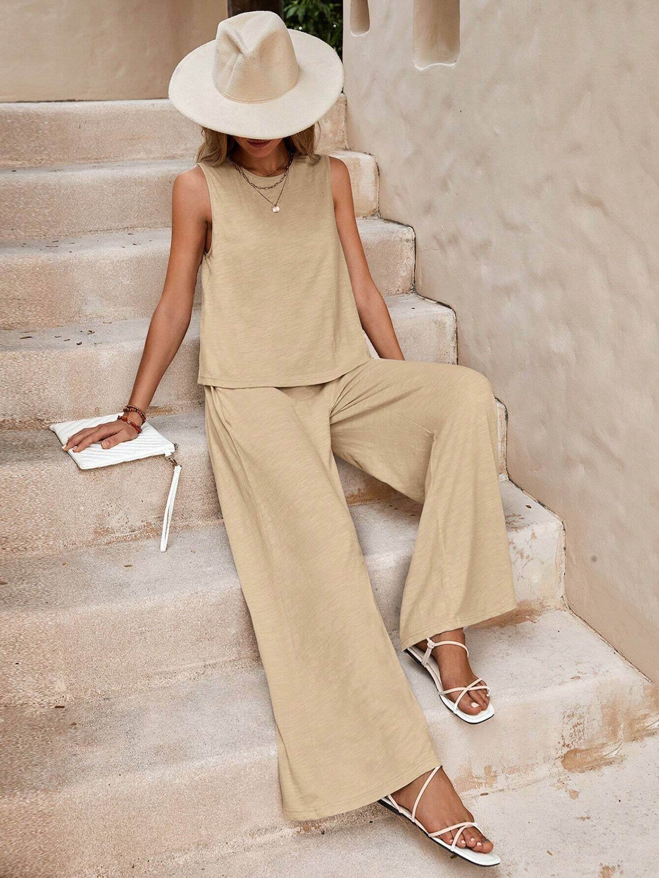 Solid Color Casual Loose Pants Sets For Women Elegant Spring Summer Women's Two Pieces Suit Full Trouser Set Female Outfit Clothes - Velora