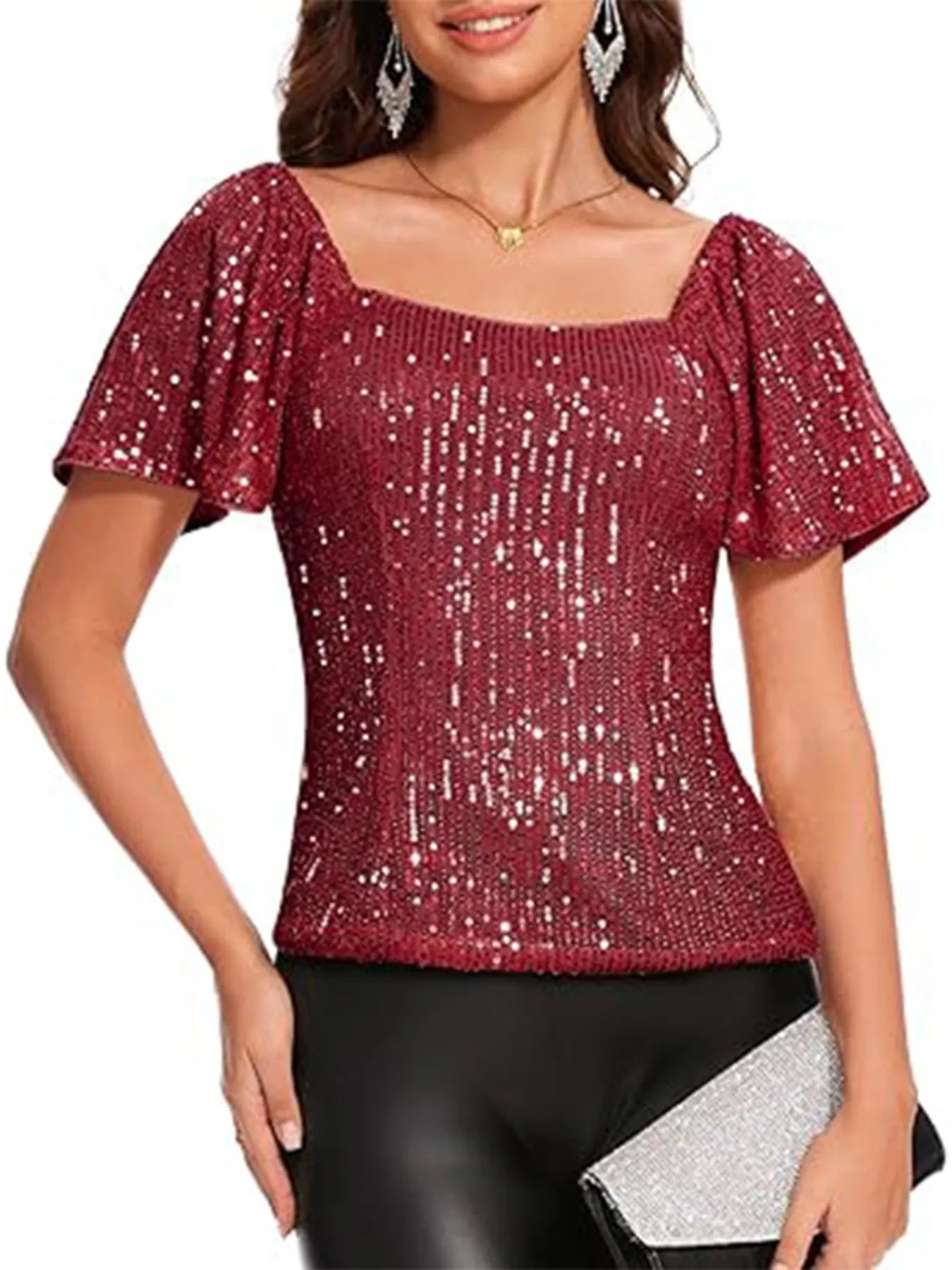 Square Neck Sequin Short Sleeve Blouse - Velora