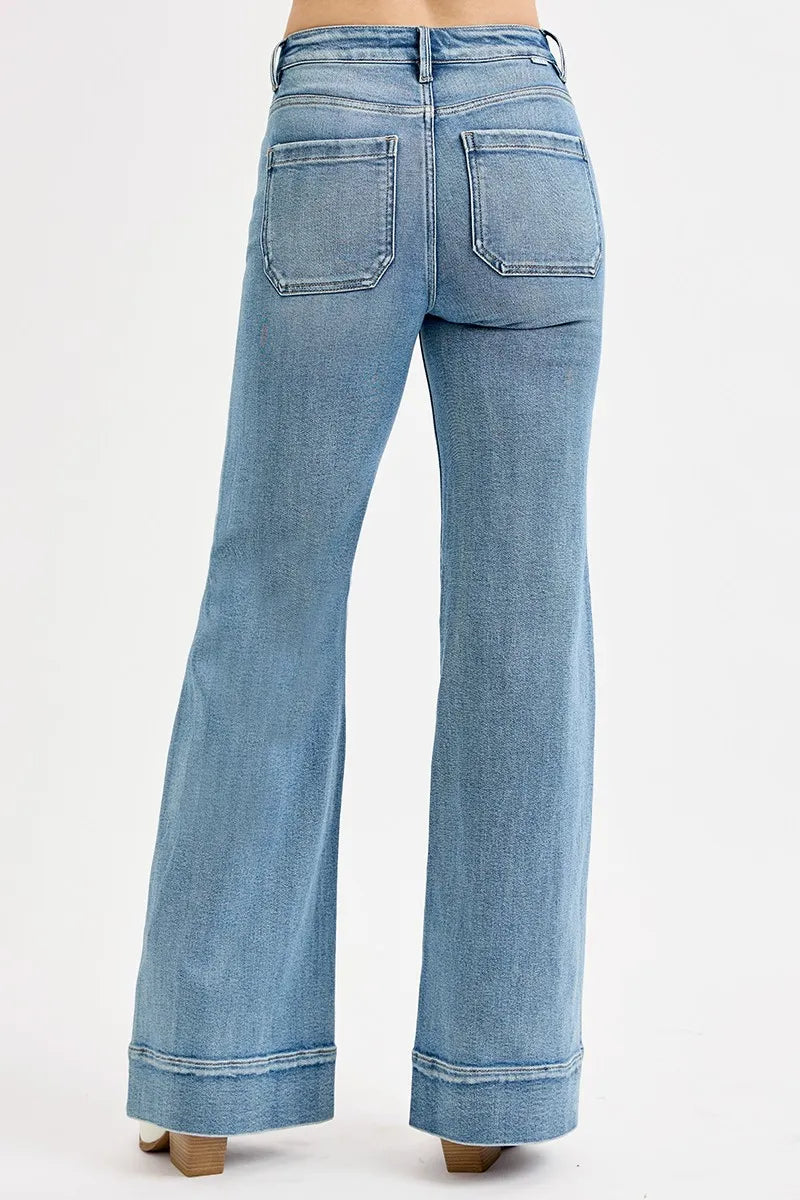 RISEN Full Size High Rise Wide Flare Patch Pocket Jeans Plus Size - Velora