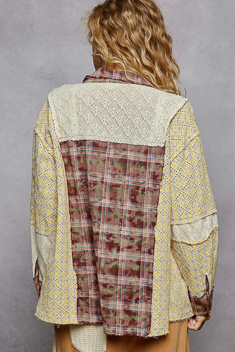 POL Studded Contrast Plaid Long Sleeve Shirt - Velora