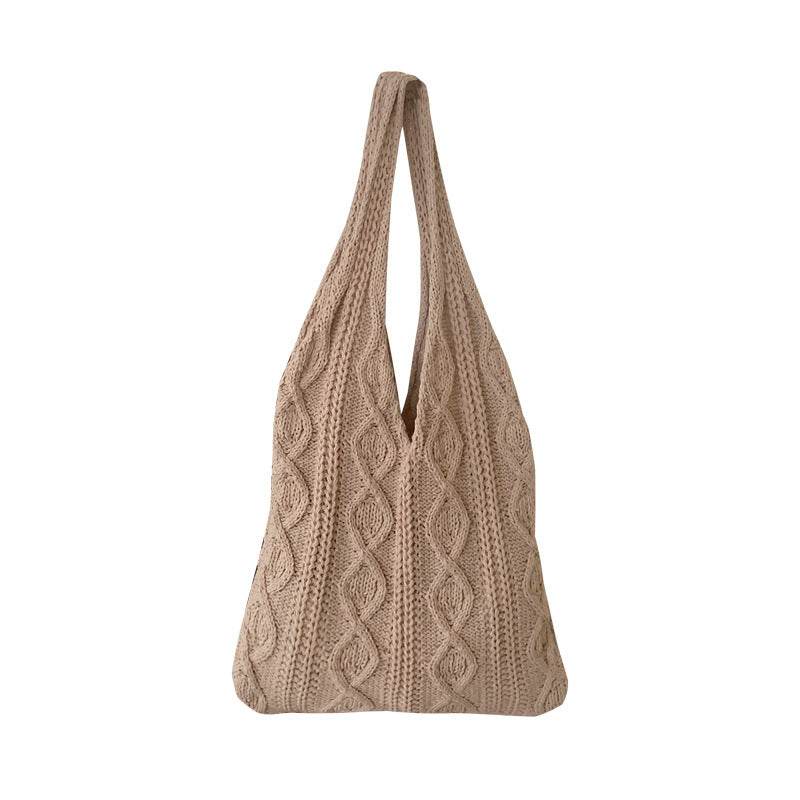 GWomen Shoulder Bags Portable Retro Hollow Knitted Woolen Yarn Bag Shoulder Tote Bag Solid Color Crochet Bag Large Capacity Shopping Tote Bags - Velora