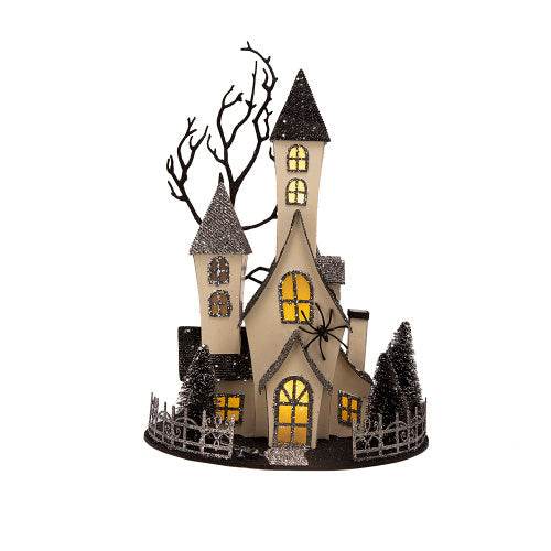 10x8.3x13.5 Cardboard Lighted Haunted House, Black Beige Tabletop Holiday Halloween Decor, Battery Powered - Velora