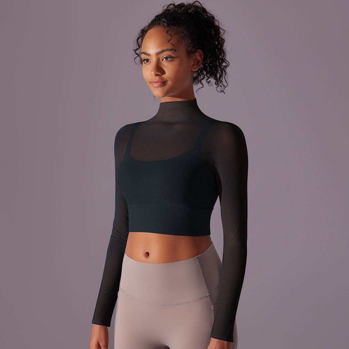 Quick Drying Gym Slim Fit Mesh Turtleneck Long Sleeve Workout Crop Top - Velora