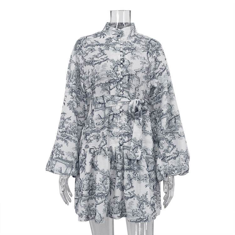 Ink Print Long Sleeve Short Dress With Fashion Puffy Sleeve Lapel Tie A-Line Dress Clothing - Velora