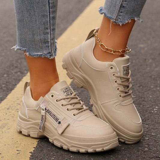 Lace-up Sports Shoes With Side-Zipper Design Fashion Thick-soled Round-toe Casual Shoes For Women Sneakers - Velora