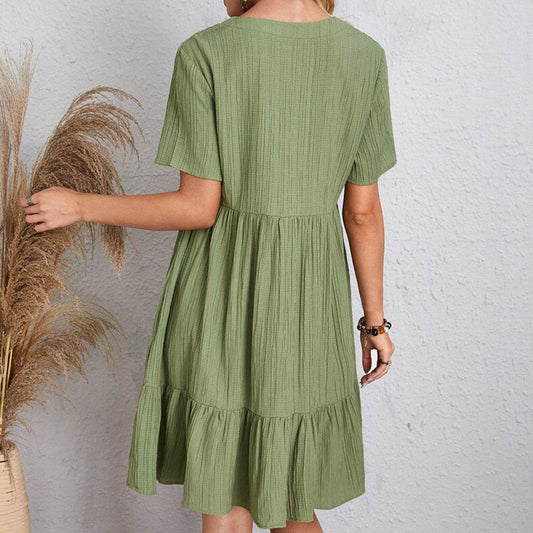V-neck Short Sleeve Dress Summer Fashion Casual Loose Ruffled Dresses Beach Clothing Women - Velora