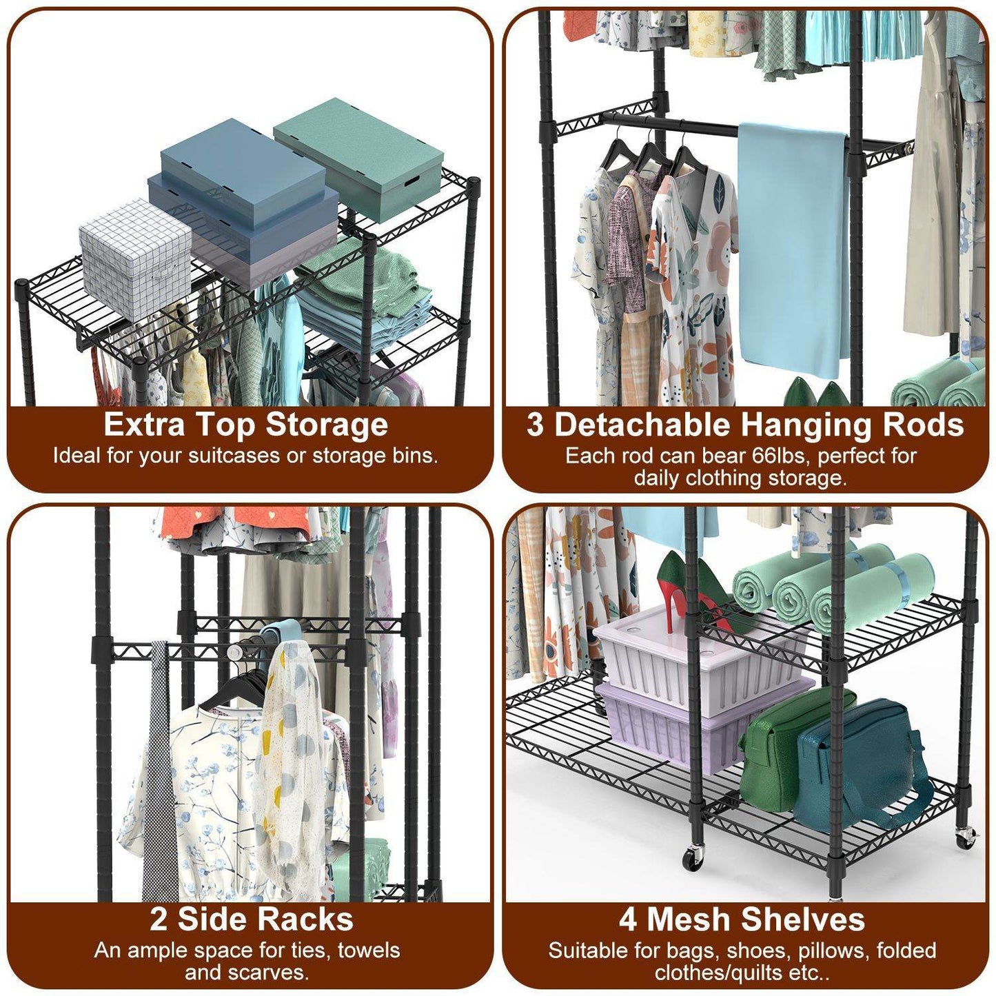 1Pc 4 Tier Heavy Duty Garment Rack With Wheels Carbon Steel Clothing Rack Portable Wardrobe Clothes Rack With 3 Hanging Rods 6 Footrests 44.9x17.13x77.95in - Velora