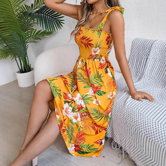 Flowers Print Suspender Corset Dress Ins Fashion Holiday Beach Long Dresses Summer Clothing For Women - Velora