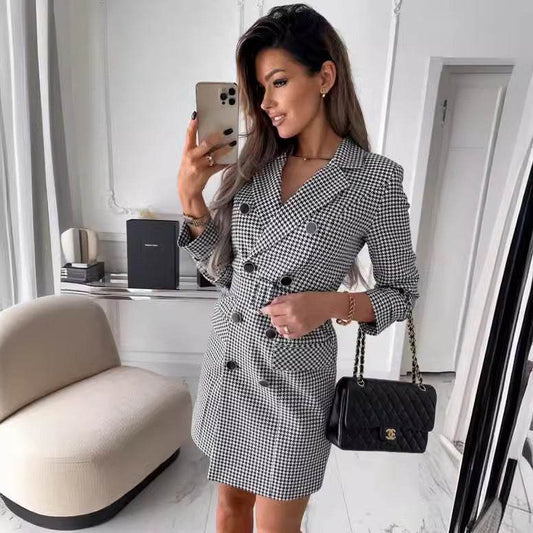 Fashion Printing Plaid mini Blazer Dress Women - Velora