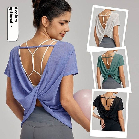 Draping Flab Hiding Yoga Clothes Blouse Sexy Beauty Back Mesh Workout Top - Velora