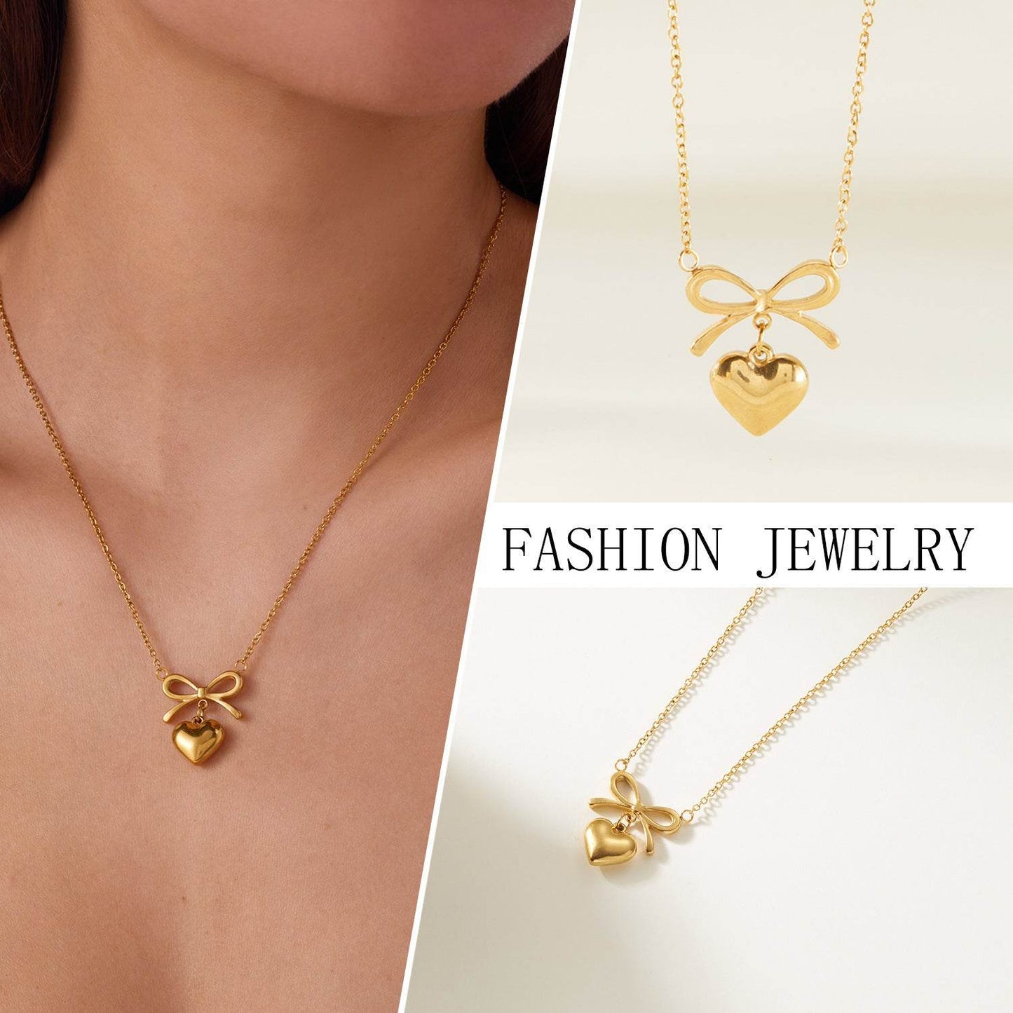 Stainless Steel New Fashion Fine Waterproof Jewelry Love Heart Bowknot Shape Charm Chain Choker Necklaces Pendant For Women Fashion Jewelry - Velora