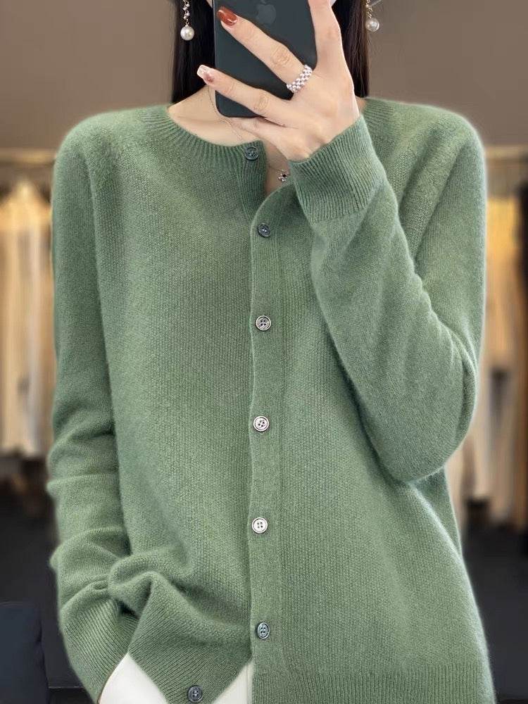 Fashion Merino Wool Cardigan Sweater Women O-Neck Long-sleeve Cashmere Knitwear Spring Autumn Female Clothing Tops - Velora