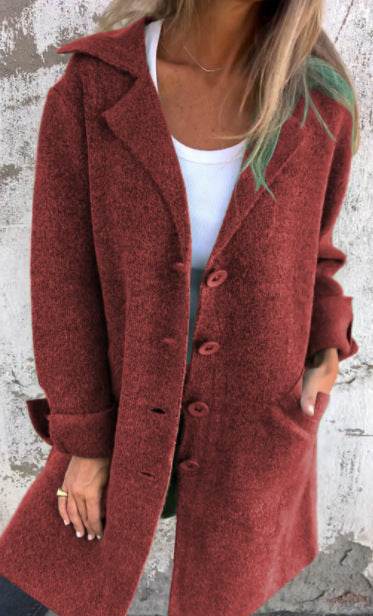 Lapel Single Breasted Cardigan With Pockets Fashion Color Solid Mid-Length Outwear Coat Womens Clothing - Velora