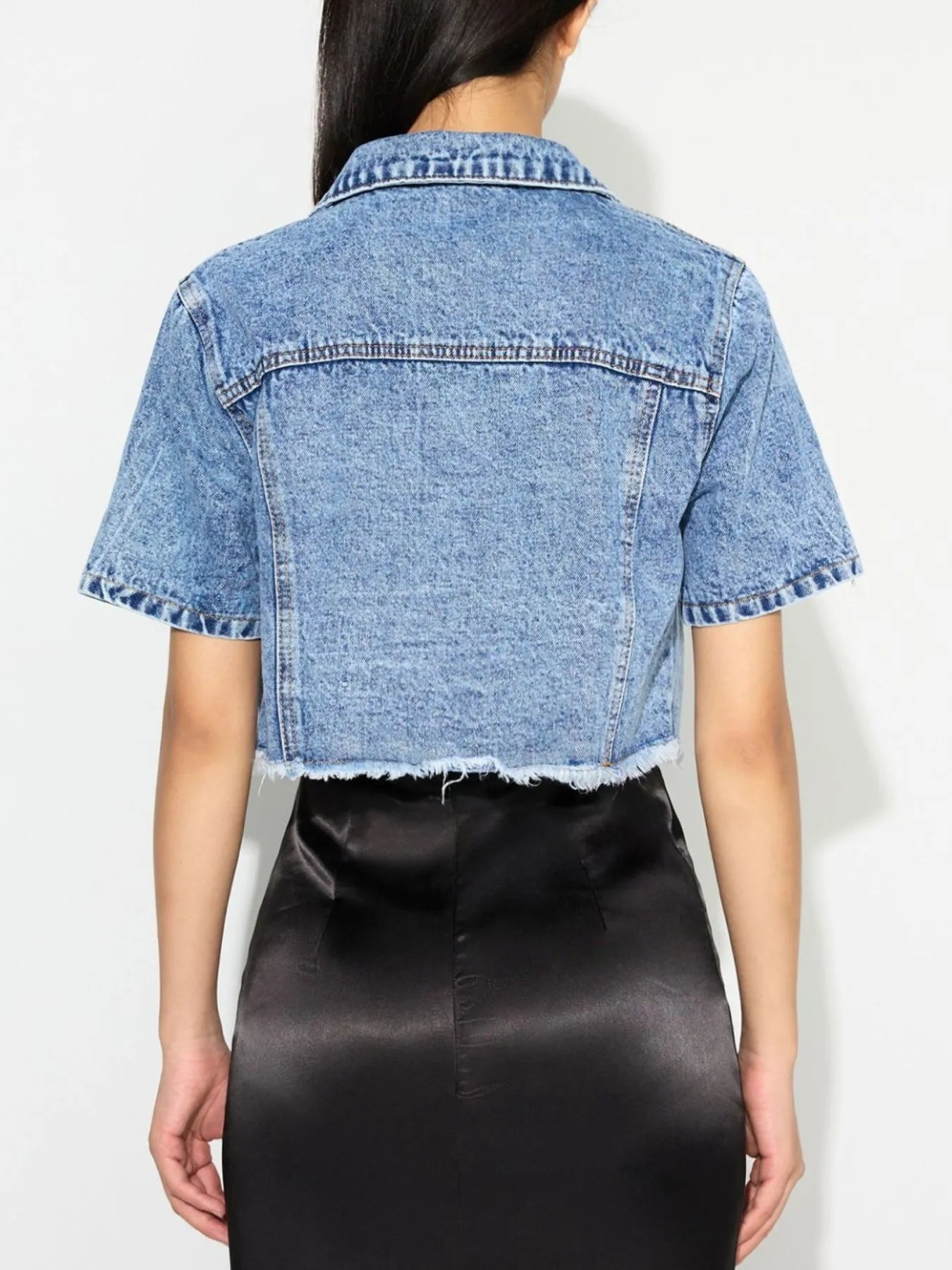 Cropped Short Sleeve Denim Jacket with Frayed Hem - Velora