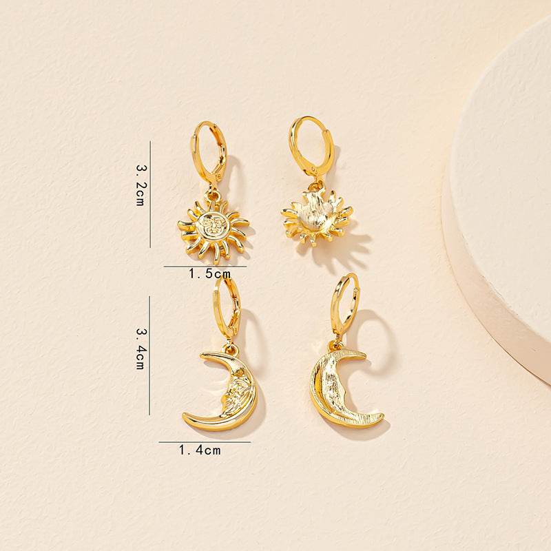 Popular Ornament Sun Moon Face Crescent Trendy Earrings - Velora