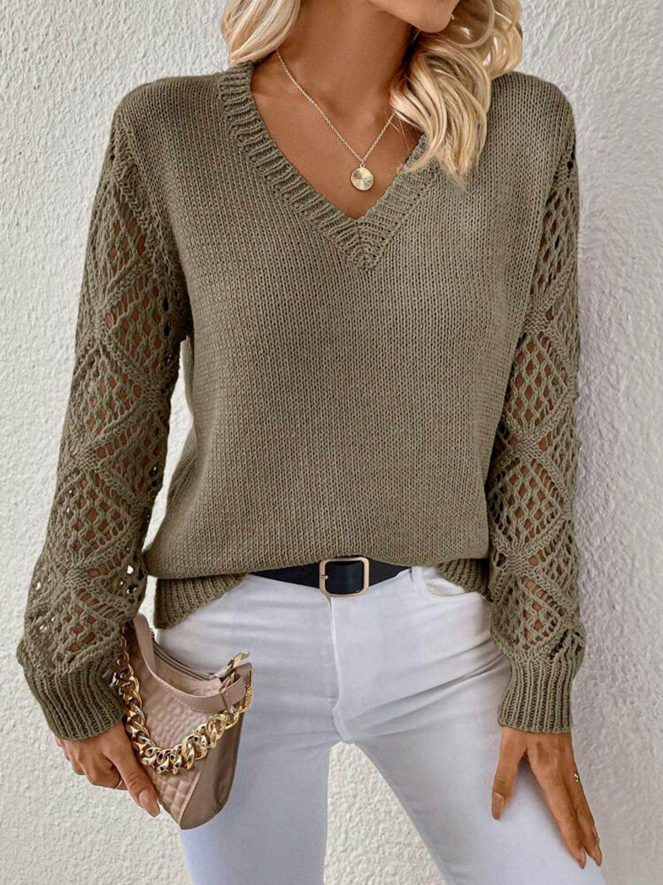 Solid V-neck Pullover Sweater With Hollow Long Sleeve Fashion Tops For Women Clothing - Velora