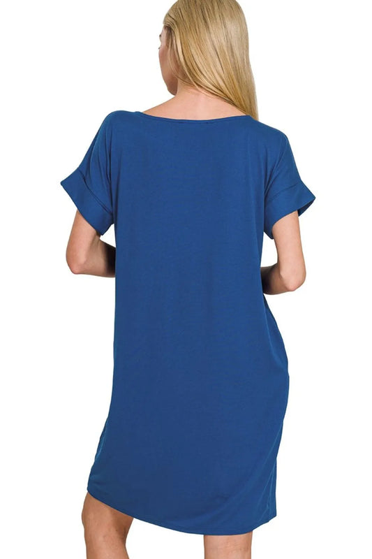 Zenana Rolled Short Sleeve Round Neck Dress - Velora