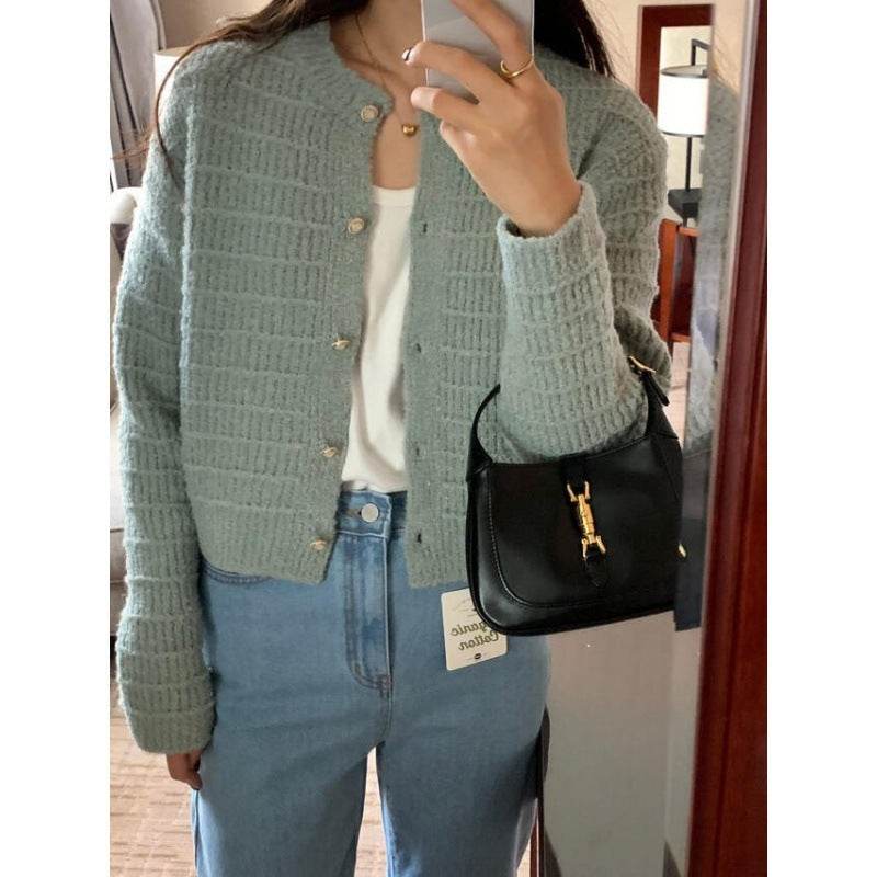 Round Neck Texture Woven Design Loose Long Sleeve Short Knitted Sweater - Velora