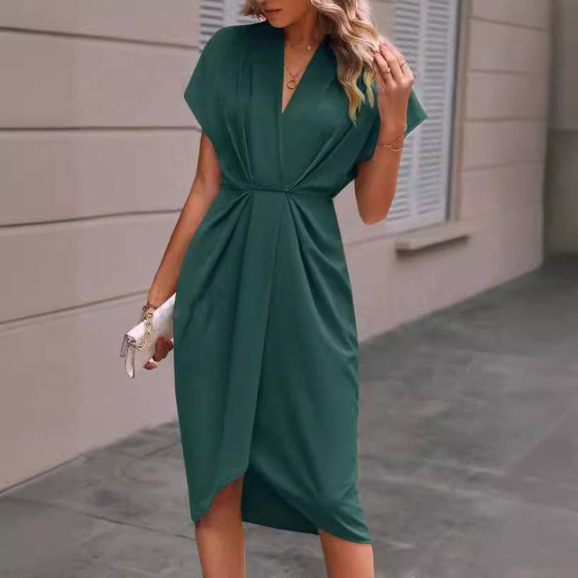 Summer Batwing Sleeve Dress Fashion V-neck Short Sleeve Pleated Dresses Womens Clothing - Velora