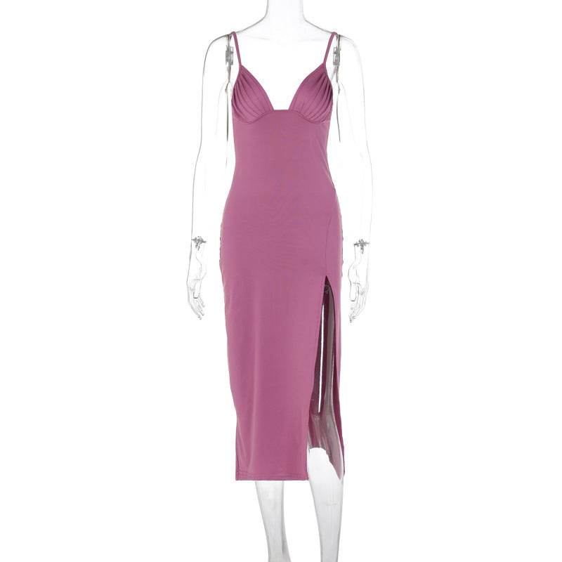 Spaghetti Strap Dress With Split Design Deep V-neck Sleeveless Backless Bodycon Party Dresses For Womens Clothing - Velora