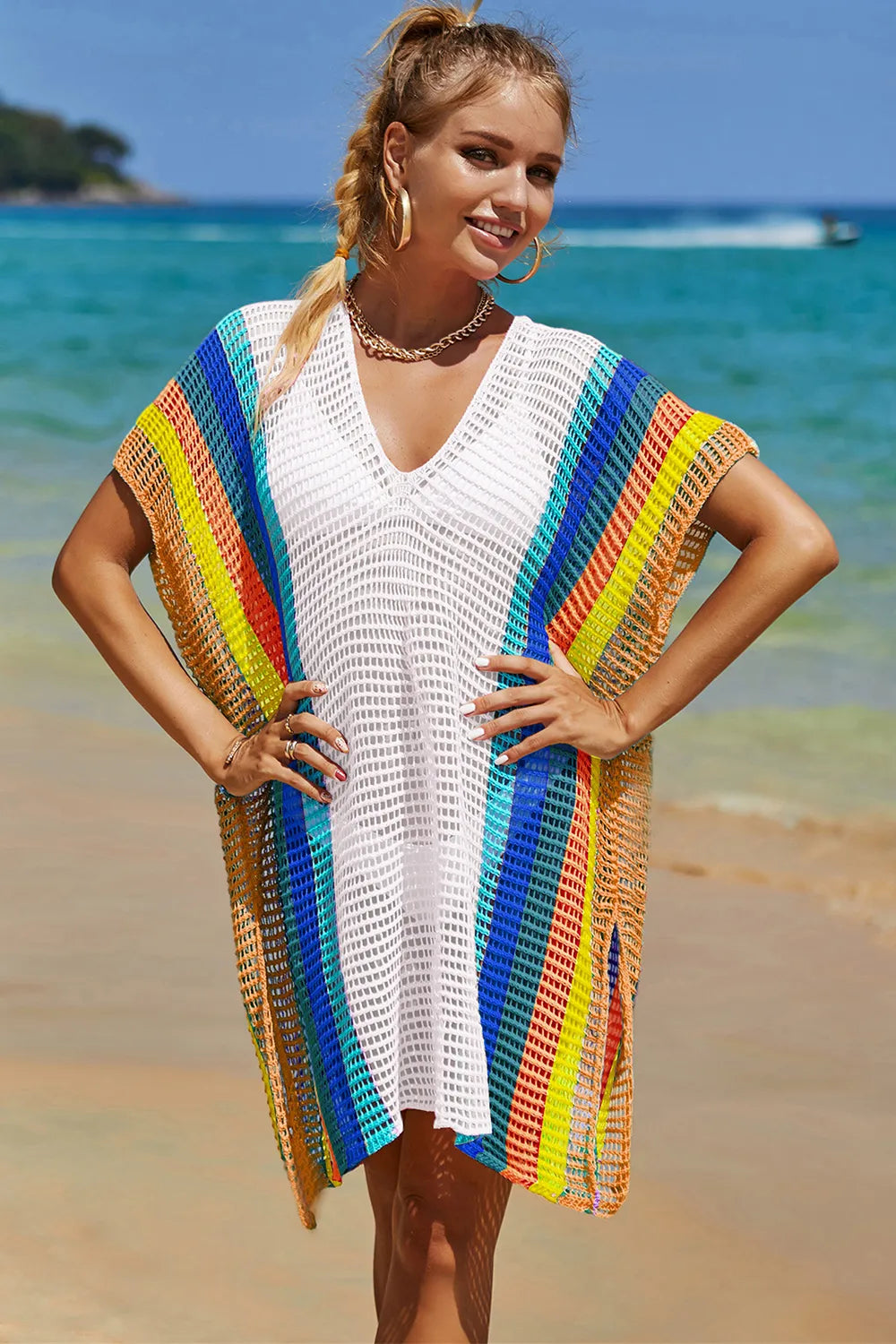 Angel Wings Openwork Striped Slit Knit Cover Up - Velora