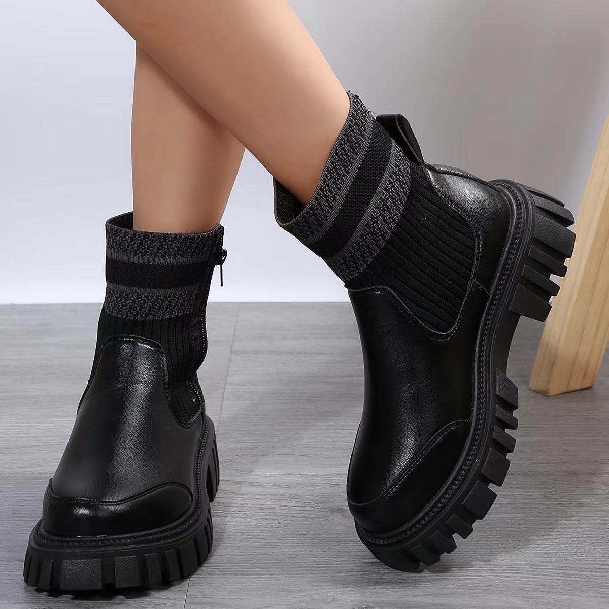 Fashion Mid-tube Boots With Zipper Design Non-slip Thick Sole Elastic Knitted Patchwork Boots For Women Round Toe Shoes Winter - Velora