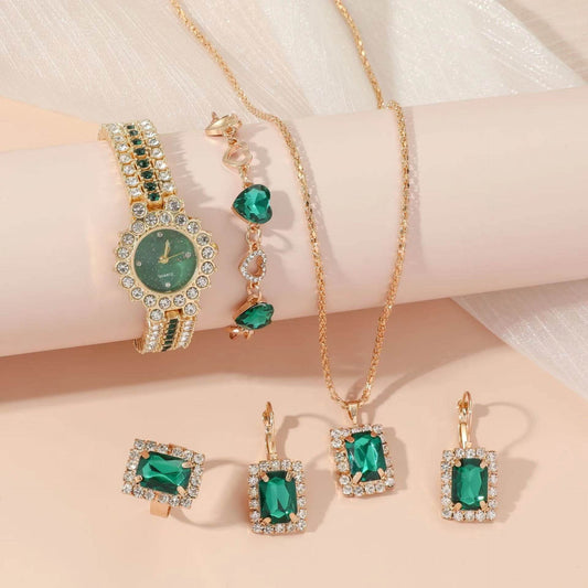 Popular Small Green Watch Women's Steel Belt Quartz Watch Ring Gift Set Boxed Five-piece Set - Velora