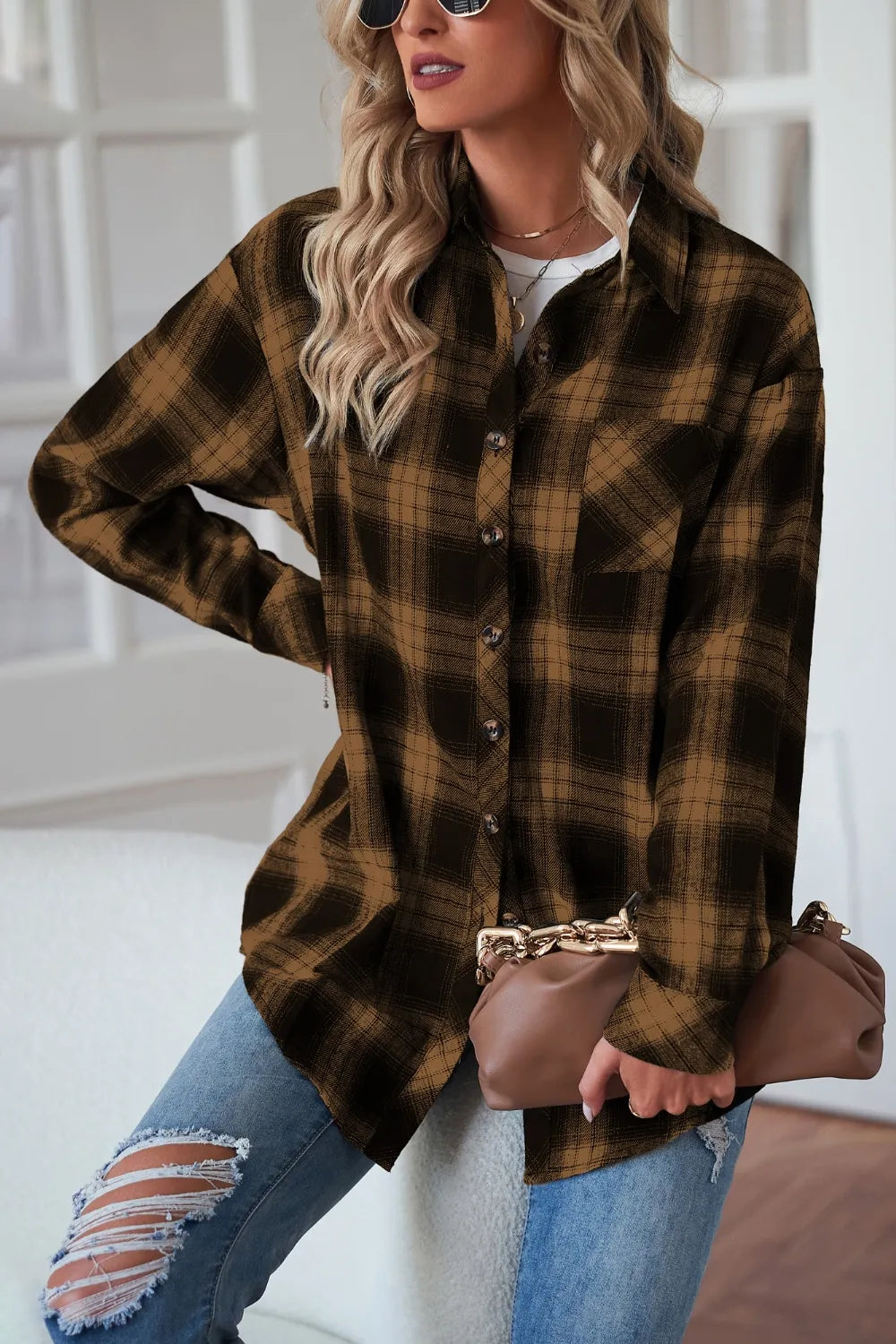 Plaid Button Up Dropped Shoulder Outerwear - Velora