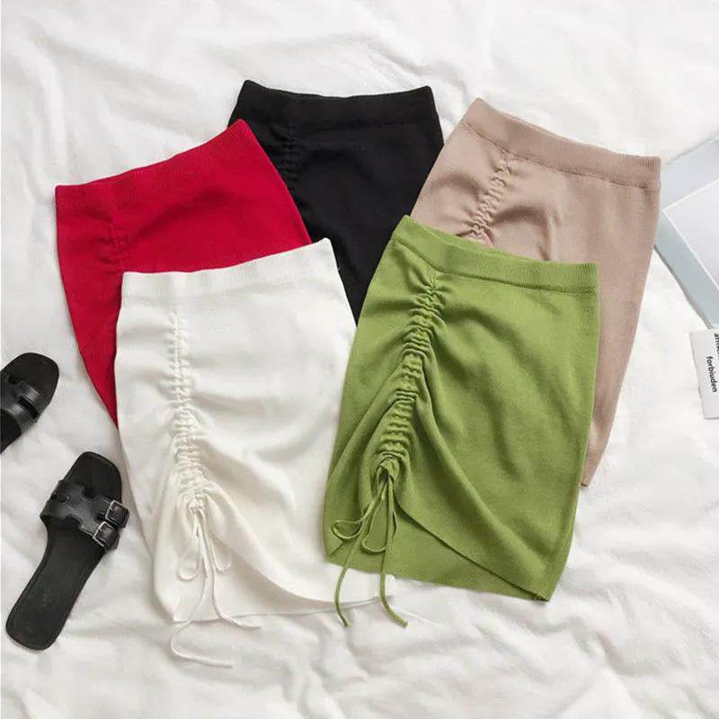 Hot Girl Hip Skirt Design High Waist With Straps Stretch Knitted Women's Mini Drawstring Split Skirt - Velora