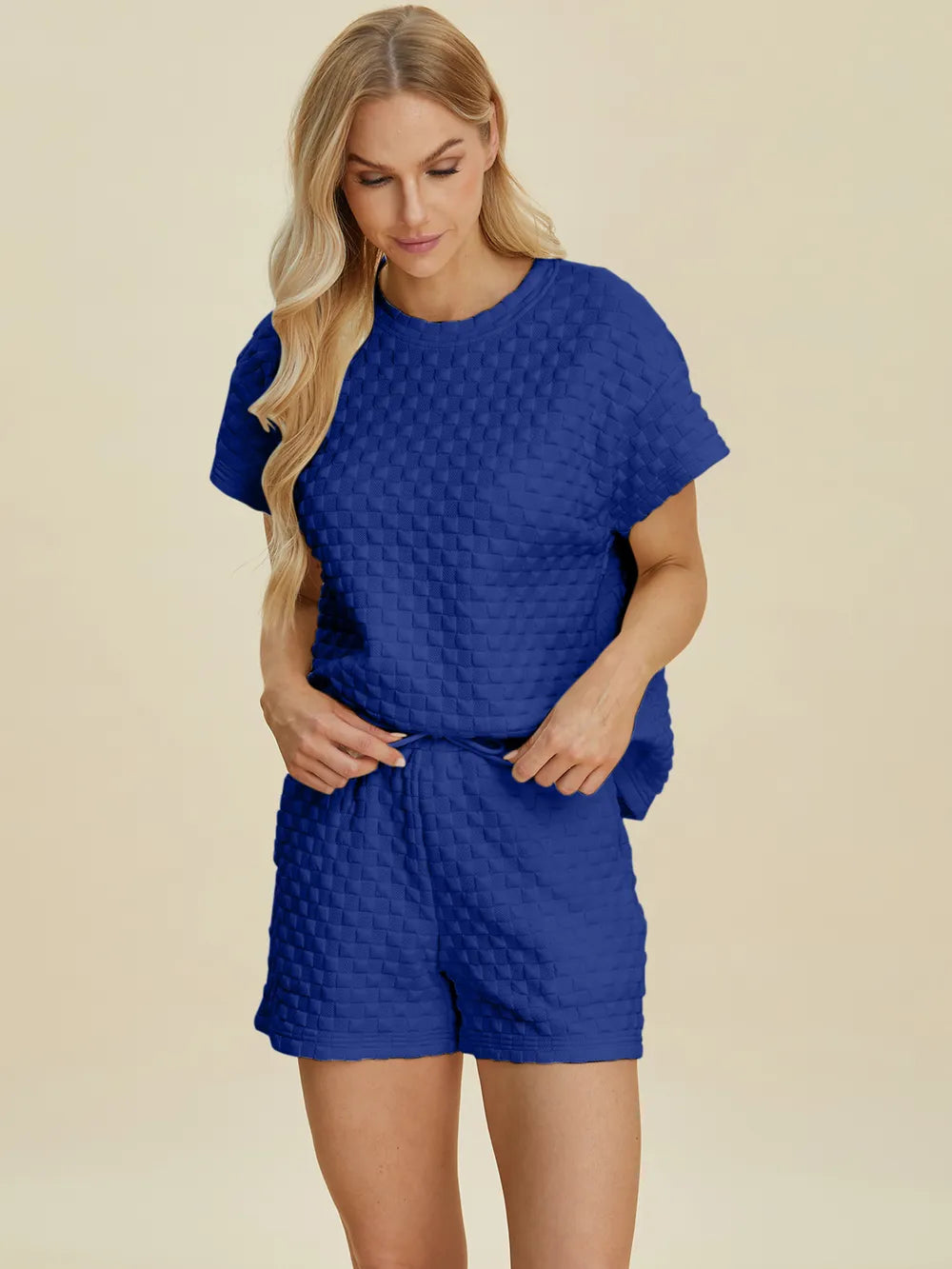 Double Take Full Size Texture T-Shirt and Shorts Set - Velora