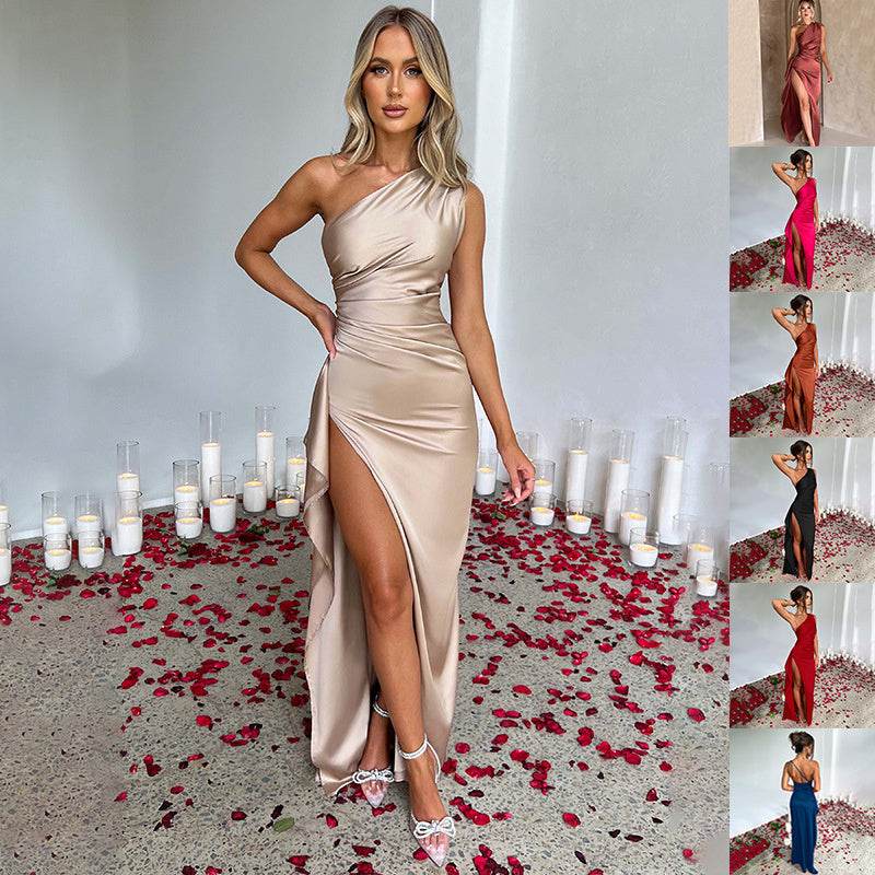 Sexy One-shoulder Backless Slit Dress Summer Elegant Slim-fit Solid Color Satin Dresses For Women - Velora