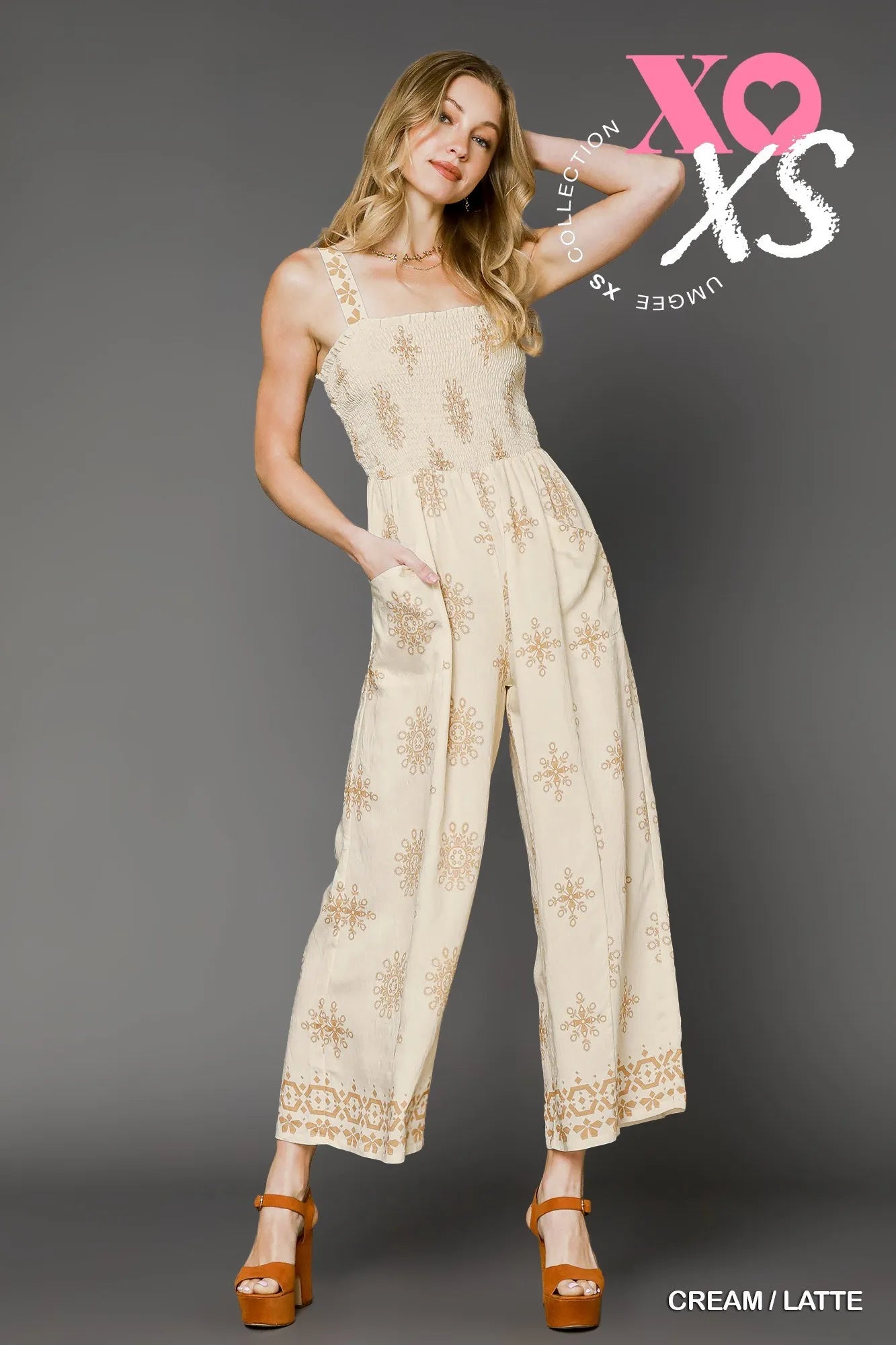 Umgee Smocked Printed Wide Leg Jumpsuit - Velora