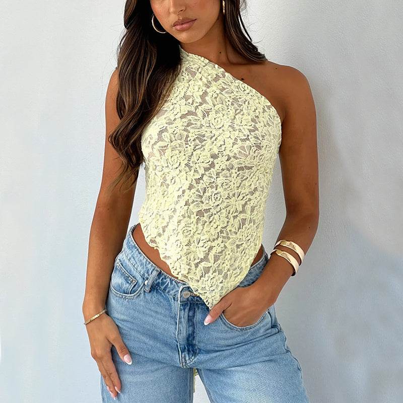 Ins Lace Backless Top Summer Solid Color Waistless Asymmetrical Sloped Neck Vest Streetwear Womens Clothes - Velora
