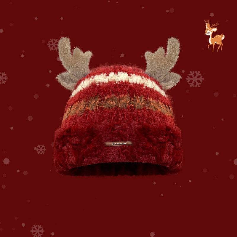 Christmas Knitted Hat With Cute Deer Antler Winter Warm Thick Hat For Girls Women - Velora