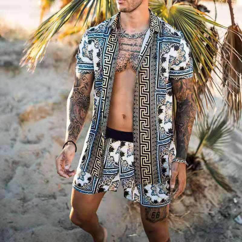 Summer Men Hawaiian Sets Printed Breathable Lapel Short Sleeve Shirtelastic Waist Beach Shorts Streetwear Casual Men Sets 2 Piec - Velora