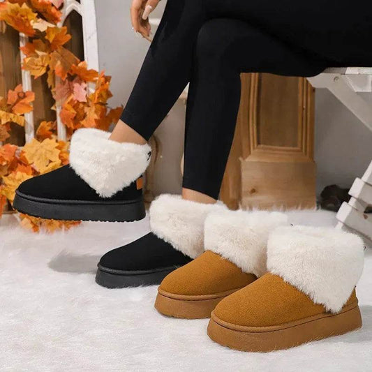 Winter Plush Snow Boots Fashion Round Toe Flat Thickened Suede Cotton Shoes For Women Casual Warm Short Boot - Velora