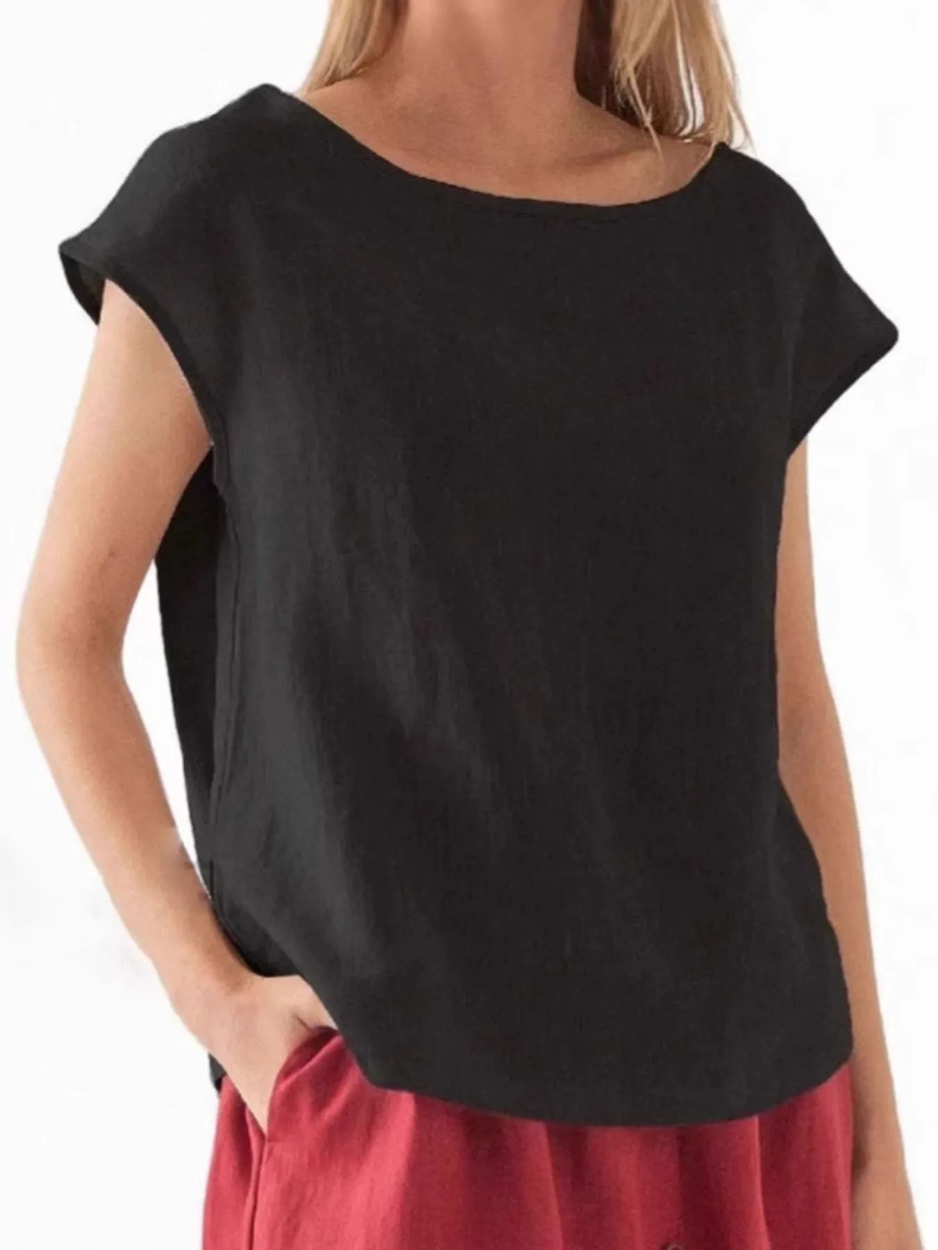 Round Neck Cap Sleeve Blouse - Velora
