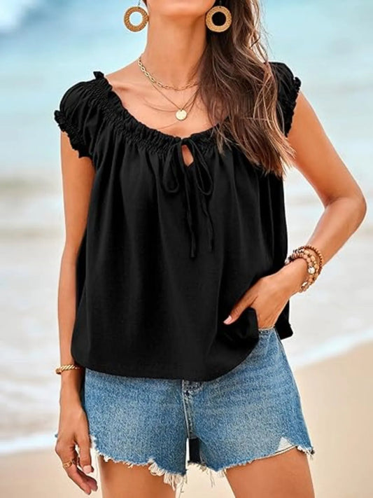 Tie-Front Detail Smocked Blouse - Velora