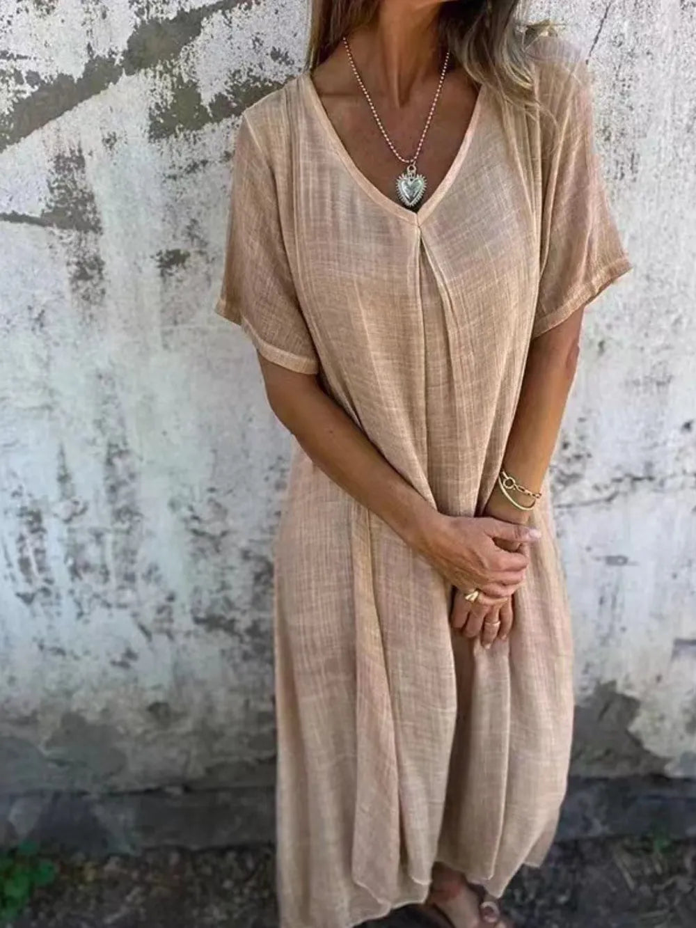 Full Size V-Neck Short Sleeve Midi Dress Plus Size - Velora