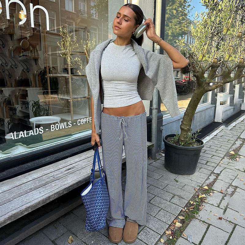 Women's Striped Print Trousers Y2K Fashion Casual Lace Up Home Straight Wide-leg Pants - Velora
