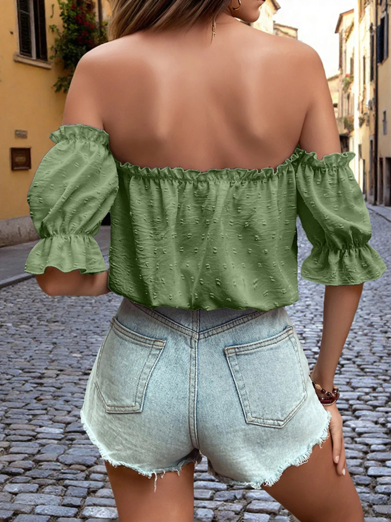 Off-Shoulder Swiss Dot Blouse with Tie Front Detail - Velora