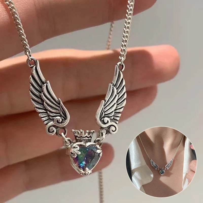 Vintage Gothic Heart Crown Angel Wings Pendant Necklaces For Women Fashion Exquisite Love Shape Clavicle Chain Choker Jewelry Fashion Jewelry - Velora